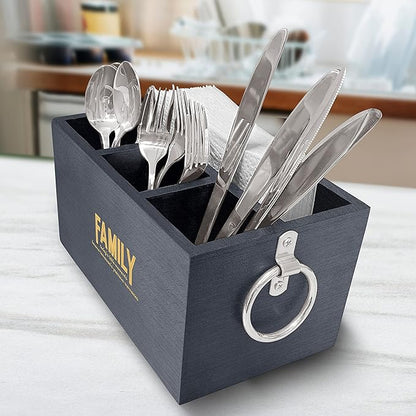 Family Quote Wood Utensil Caddy Cutlery Organizer, Silverware Holder, Large Utensil Flatware Organizer Box with 3 Compartments, Wood Utensil Holder