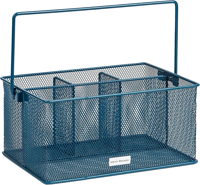 Mind Reader Multi-purpose Storage Caddy with Handle, Desktop Organizer, Cutlery Holder, 4 Compartments, Metal Mesh, Turquoise