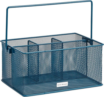 Mind Reader Multi-purpose Storage Caddy with Handle, Desktop Organizer, Cutlery Holder, 4 Compartments, Metal Mesh, Turquoise