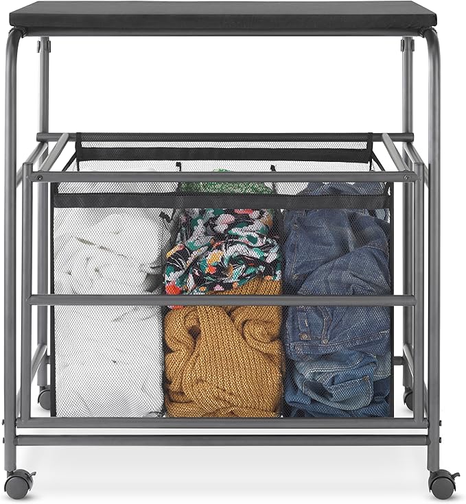 Whitmor Triple Laundry Sorter with Ironing & Folding Table - Rolling Laundry Sorter with Ironing Table - Gunmetal
