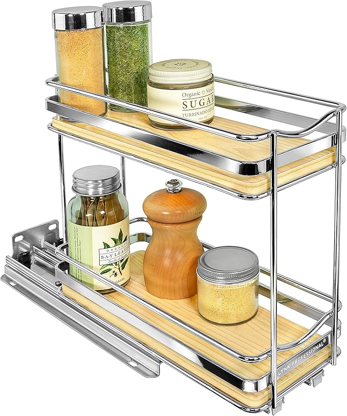 LYNK PROFESSIONAL® Élite™ Pull Out Spice Organization for Cabinets - 4-3/8 inch Wide – Spice Rack for Inside Cabinets – Wood/Chrome - Sliding Spice Rack Organizer for cabinet – Spice Rack - 2 Tier