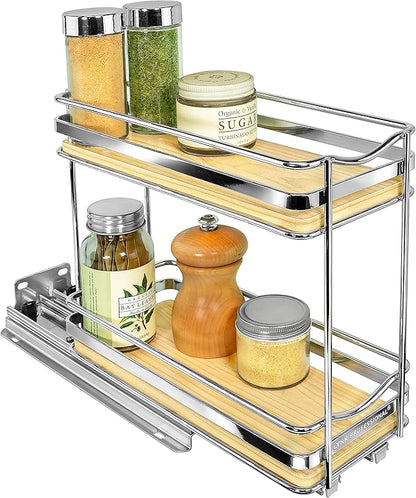 LYNK PROFESSIONAL® Élite™ Pull Out Spice Organization for Cabinets - 4-3/8 inch Wide – Spice Rack for Inside Cabinets – Wood/Chrome - Sliding Spice Rack Organizer for cabinet – Spice Rack - 2 Tier