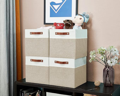 DECOMOMO Fabric Cube Storage Bins - Storage Baskets for Shelves, Cube Storage Organizer for Kallax and Cubbies (Beige & White, 11 inch Cube) - 4 Pack