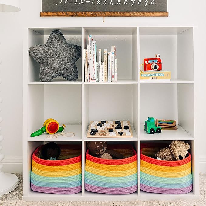 OrganiHaus Rainbow Cotton Rope Baskets for Shelves, Set of 3 - 15"×10"×9½" - Colorful Storage Baskets for Kids - Nursery, Playroom, Classroom - Toy Storage, Books, Towels