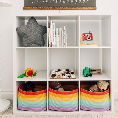 OrganiHaus Rainbow Cotton Rope Baskets for Shelves, Set of 3 - 15"×10"×9½" - Colorful Storage Baskets for Kids - Nursery, Playroom, Classroom - Toy Storage, Books, Towels