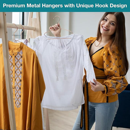 Heavy Duty Metal Hangers with Unique Hook Design Durable & Sturdy Coat Hangers 4mm Thick Withstands 25lbs Weight Smooth Finish Compact Shirt Hangers - 40 Pack Rose Gold