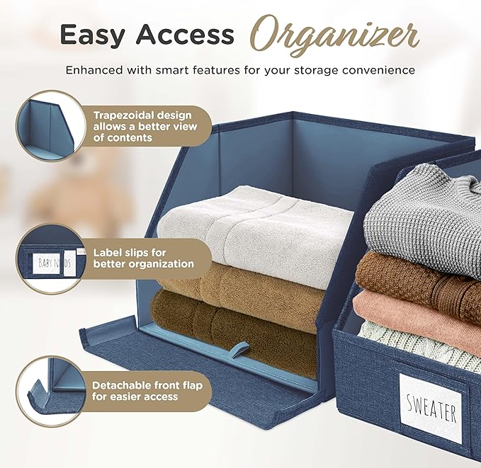 VIVIDECOR Open Front Trapezoid Storage Bins 12x12x10 – Easy Access Closet Shelf Organizer for Clothes, Towels, Fabric Baskets – Navy Blue, 3 Pack