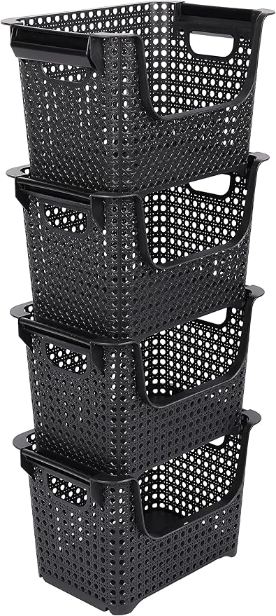 TidyFriend 4 Pk Large Stackable Storage Bins Open Front for Pantry Organizers and Storage, Pantry Storage for Food, Kitchen and Home Organization, Plastic Storage Bins, Dorm Room Essentials (Black)