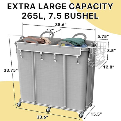 Simple Houseware Extra Large 2 Section Rolling Laundry Cart 265L (70 Gal) – Heavy Duty Hamper with 2 Removable Bags & 6 Smooth Wheels – Commercial Laundry Organizer for Home, Hotel, Dorm, Gym, Gray