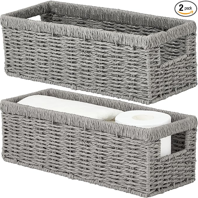 Vagusicc Wicker Storage Basket, Paper Rope Wicker Baskets with Handles, Toilet Paper Basket for Toilet Tank Top, Small Wicke Baskets for Organizing Shelves, 2-Pack, Grey