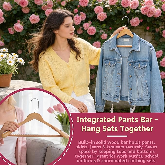 Luxury Wide Shoulder Wooden Coat Hangers with Anti Slip Pants Bar, Solid Wood Thick Jacket Hangers Smooth Finish for Sweater Dress Pants Sport Coats (Natural, 6 Pack), 360° Swivel Pearl Nickel Hook