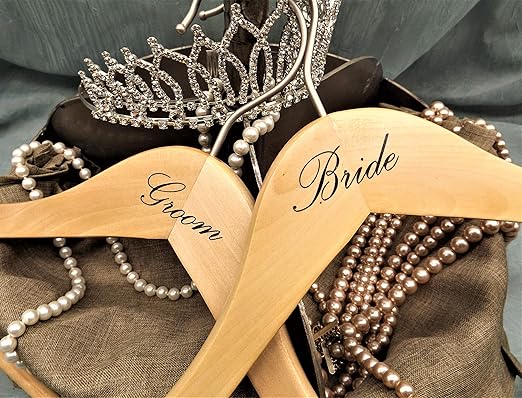 NAHANCO BG20017 Bridal Hanger Set, Natural Wood Hangers with Black Imprint (Bride and Groom), 17” (2 Piece Set)