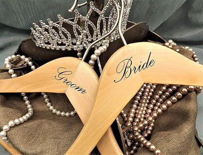 NAHANCO BG20017 Bridal Hanger Set, Natural Wood Hangers with Black Imprint (Bride and Groom), 17” (2 Piece Set)