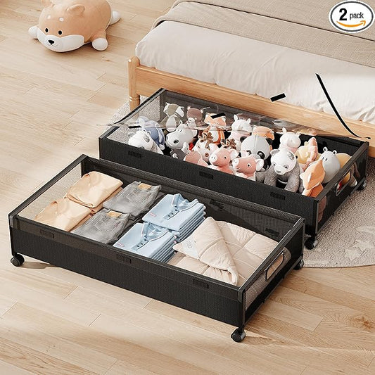 KITHELP Underbed Storage Containers with Wheels, Large Under Bed Drawers on Wheels with Removable Lids, Rolling Shoe Organizer Under Bed Storage Dresser Metal Drawers for Clothes Toys Blankets (2PACK)
