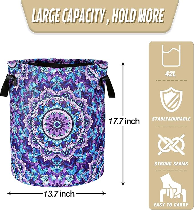 Mandala Laundry Basket Beautiful Flowers Foldable Oxford Cloth Funny Tote Bag Laundry Hamper Clothes Storage Bucket Organizer For Bathroom/Laundry Storage/Bedroom 17.7x13.7 Inch