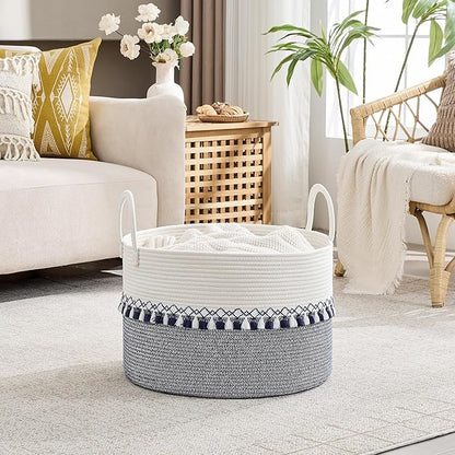 KAKAMAY Cotton Rope Storage Basket (20"x13"),Woven Hamper for Blankets,Toys,Pillows,Clothes,Laundry,Sturdy Handles Decorative Basket for Living Room, Bedroom,Nursery(Blue Printing)