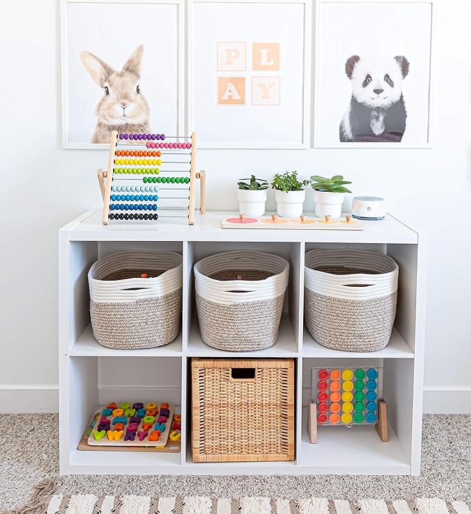 Brown Cotton Rope Baskets for Shelves, Set of 3-15"×10"×9½" - Woven Storage Baskets for Organizing - Closet, Nursery, Bedroom, Playroom - Toys, Books, Towels, Clothes