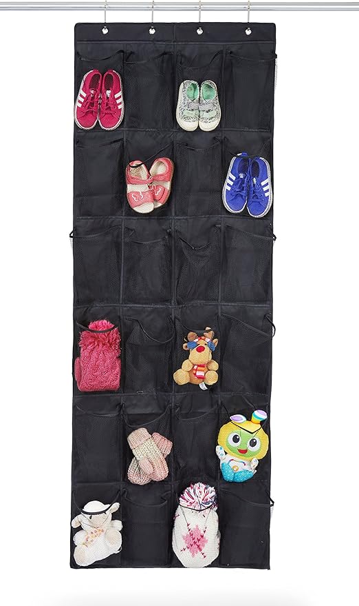 Shoe Organizer, Over The Door Hanging Closet Rack | 24 Large Mesh Pockets Fit Up To Size 14 | Strong Metal Hooks | Sturdy Black Fabric Holder| Perfect Storage For Trainers, Boots, Sandals