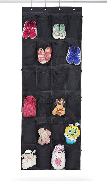 Shoe Organizer, Over The Door Hanging Closet Rack | 24 Large Mesh Pockets Fit Up To Size 14 | Strong Metal Hooks | Sturdy Black Fabric Holder| Perfect Storage For Trainers, Boots, Sandals