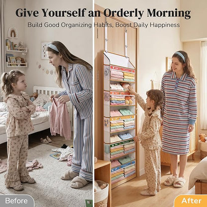 5 Tiers Adjustable Weekly Over Door Organizer with 10 Mesh Side Pockets, 44 lbs Weight Capacity Hanging Storage Organizer with Clear Window Kids Toys, Shoes, Diapers, Colorful