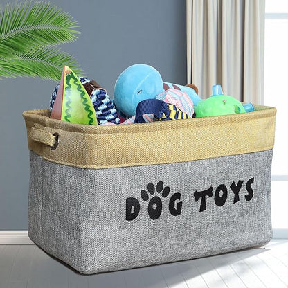 PET ARTIST Dog Toy Basket, Collapsible Dog Toy Bin Box with Comfortable Handles, Large Pet Toy Storage Basket Organizer for Accessories, Toys,Coat & Clothing,Blanket Leash (Gray, M:15"x11"x9")