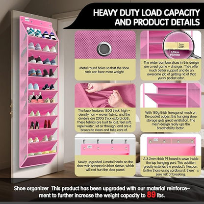 Kotkn 10 Tier Over The Door Organizer - Heavy Duty Hanging Storage Rack with Sturdy Oxford Fabric, Holds 20+ Pairs of Footwear, Boots & Sneakers, Saves 50% Closet Space! (Pink)