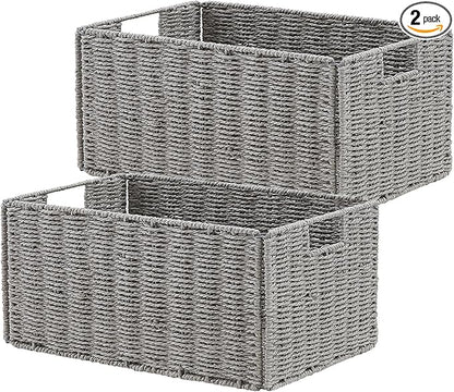 Vagusicc Wicker Storage Basket, Set of 2 Hand-Woven Paper Rope Wicker Basket, Small Storage Baskets for Organizing Toilet Paper, Foldable Large Cube Storage Organizer Bins for Shelves (Grey)