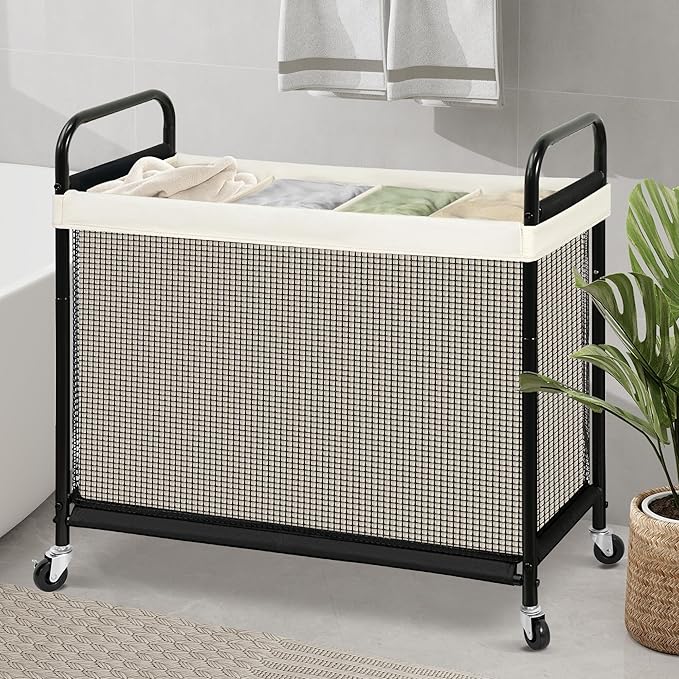 STO STO Laundry Hamper 4 Section, 140L Rolling Laundry Sorter Cart with Removable and Washable Liner Bag, Clothes Hamper with Wheels and Metal Handle for Laundry Room and Bedroom, Beige