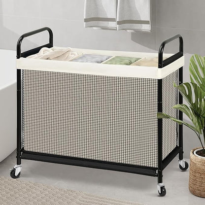 STO STO Laundry Hamper 4 Section, 140L Rolling Laundry Sorter Cart with Removable and Washable Liner Bag, Clothes Hamper with Wheels and Metal Handle for Laundry Room and Bedroom, Beige