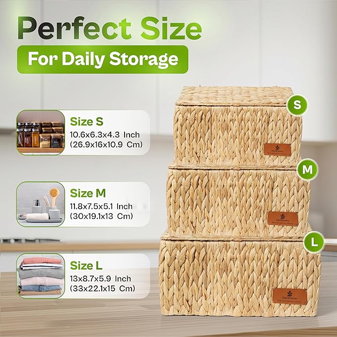 Storage Baskets with Lids, Set of 3 Wicker Baskets with Lids, Water Hyacinth Storage Basket with Lid, Decorative Woven Storage Baskets for Closet, Shelf & Home Organization