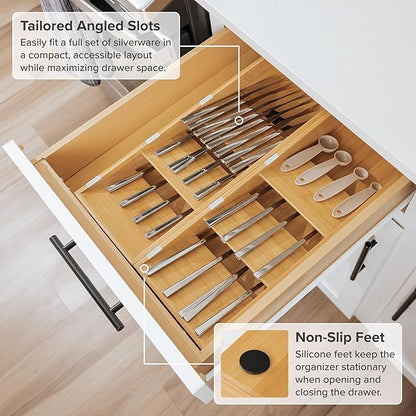 KitchenEdge Premium Cutlery, Flatware, and Silverware Drawer Organizer – Slanted 3-Compartment Design with Labeled Slots, Non-Slip Feet, 100% Sustainable Bamboo, 2 Pack