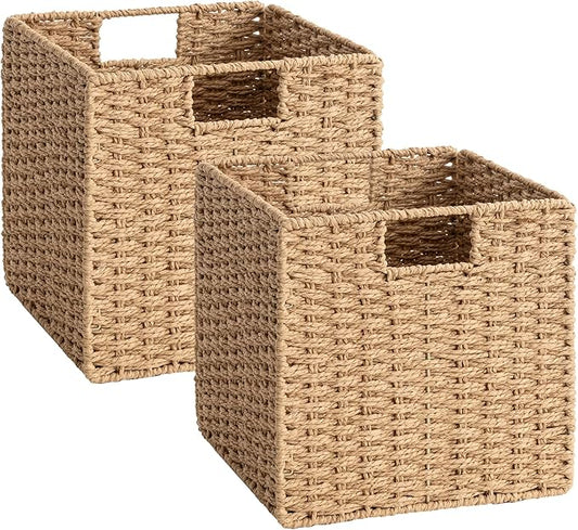 StorageWorks 11 inch Wicker Baskets, Handwoven Storage Cubes with Handles, Foldable Paper Rope Basket for Organizing, Natural, 2 Pack