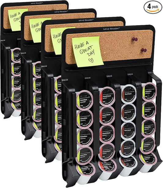Mind Reader Single Serve Pod Organizer, Wall Mount, 20 Pod Capacity, Magnetic or Adhesive, 10.75" L x 15.5" W x 2.5" H, Black (Pack of 4)