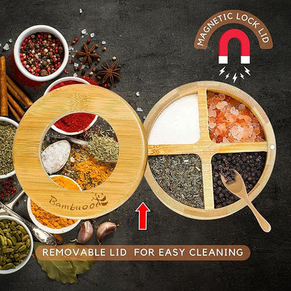 Premium 4 Compartments Salt & Spice Cellar with Spoon - Swivel Magnetic Lid for Convenient Seasoning Access - 100% Natural Bamboo - Elegant and Eco-Friendly Kitchen Accessory.