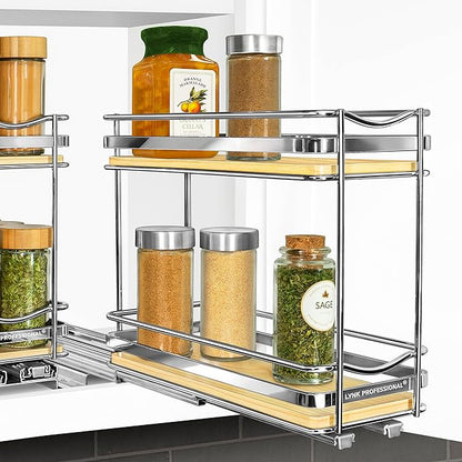 LYNK PROFESSIONAL® Élite™ Pull Out Spice Organization for Cabinets - 4-3/8 inch Wide – Spice Rack for Inside Cabinets – Wood/Chrome - Sliding Spice Rack Organizer for cabinet – Spice Rack - 2 Tier