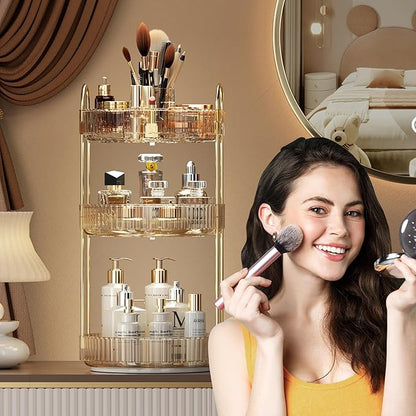 YCIA&DONE Rotating Makeup Organizer for Vanity, Large Capacity Make Up Storage Skin care Shelf Perfume Holders Cosmetic Dresser Organizer Countertop Spinning 360 (Amber Gold, 3Tiers)