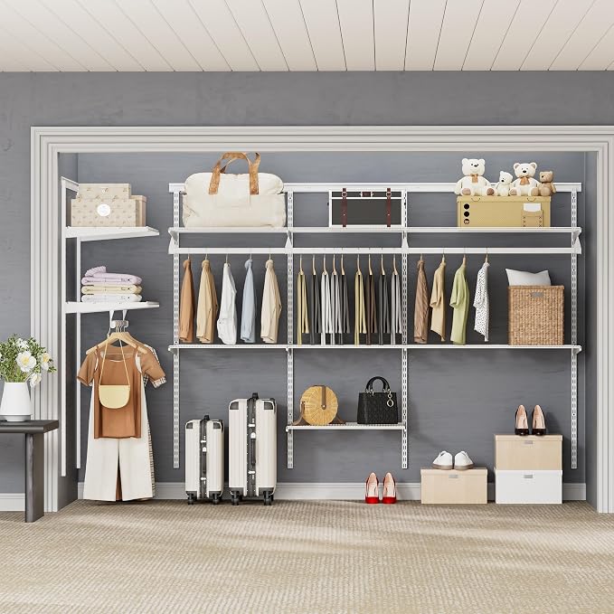 Closet System Wall Mounted 2-7.5 Ft, Heavy Duty Adjustable Wire Shelving with Hanging Rod, Custom Organizer Kit for Bedroom Laundry Mudroom, White