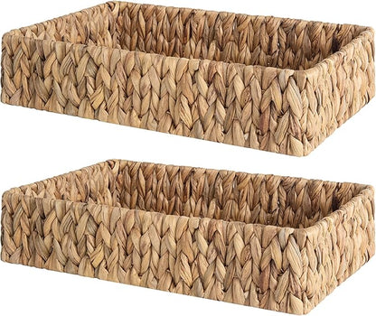 StorageWorks Large Water Hyacinth Tray for Bathroom, Wicker Storage Basket for Shelves, Handwoven Natural Hyacinth Baskets for Organizing, 2-Pack