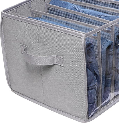 Zilink Upgraded Wardrobe Clothes Organizer with Support Board Clear Pants Organizer Bins for Closet with 7 Grids Divider Sweater Organizer for Closet for Jean Pant Sweater Legging T-Shirt, 3 Pack