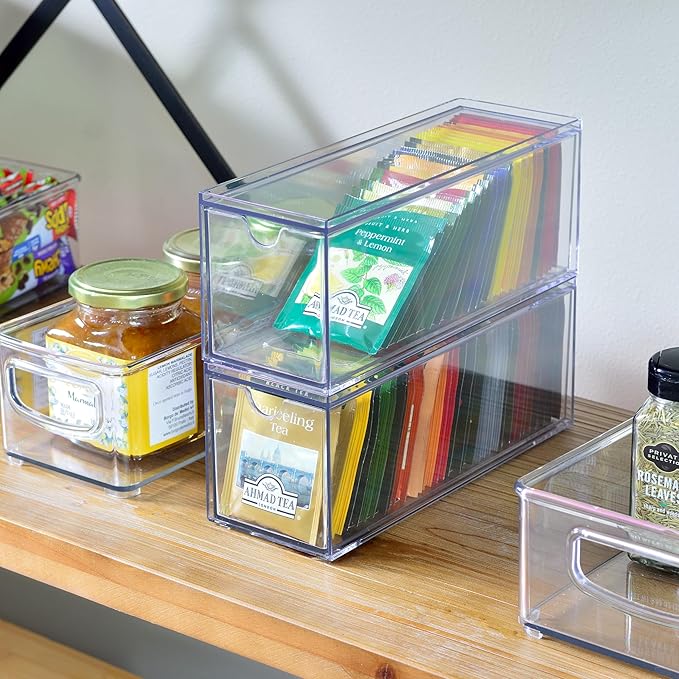 Youngever 3 Drawers Plastic Kitchen Pantry Stackable Storage Organizer, Plastic Tea Packet Organizers, Stackable Tea Bag Holder, 9" x 3" x 3.5" (Pack of 2)