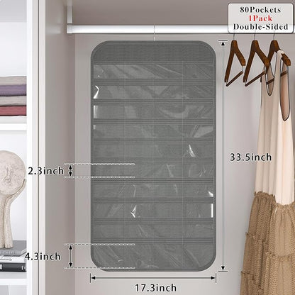 1 Pack Hanging Jewelry Organizer 80-Pocket Dual-sided Jewelry Storage for Earring Necklace Bracelet Ring Travel Holder, Gray
