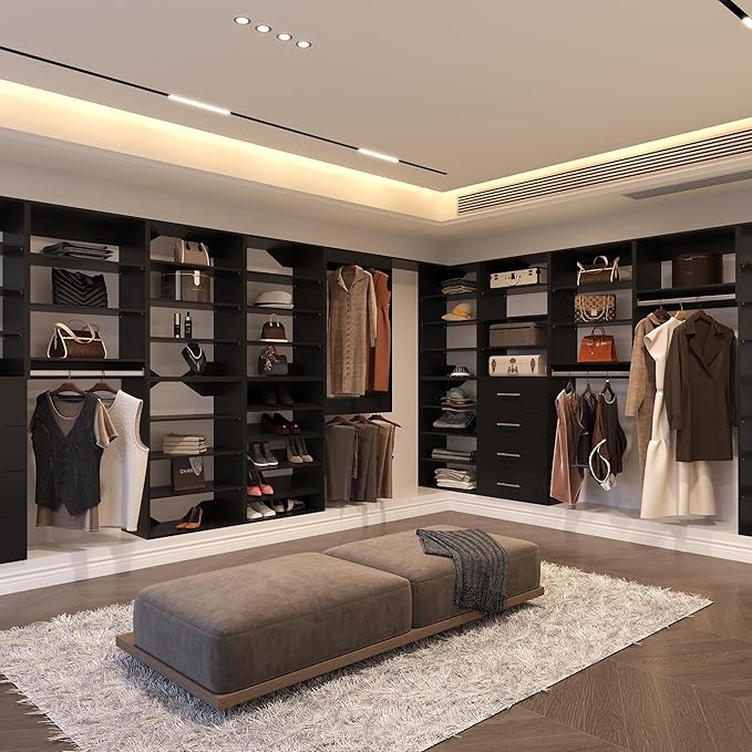 Modular Closet System, 96" Wide Organizer With Hanging and Towers, Wood Storage for Walk In Closets, Wall Mounted Wardrobe Kit, Bedroom, Black