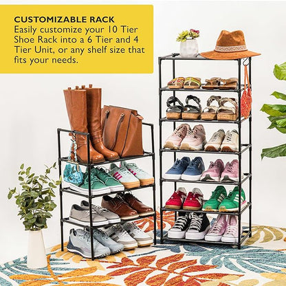 Sundaze Shoe Rack - 10 Tier Tall Shoe Rack for Closet, Sturdy Stackable Shoe Organizer for Closet, Bedroom, Entryway, Garage, Non Woven Fabric Shelf, Black, Holds 20-30 Pairs