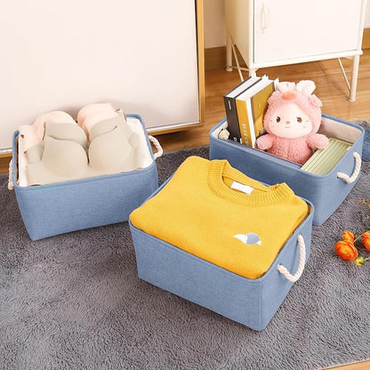 Storage Bins with Sturdy Cotton Handles(1 Pack), Fabric Storage Baskets for Organizing use for Office & Home, Book, Clothes, Toys, Closet Boxes (Small, Blue, 12.2x8.3x6.3 inches)