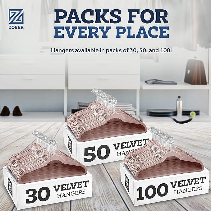 ZOBER Blush Velvet Hangers 50 Pack - Clothes Hangers, Coat Hanger for Pants & Dress Clothes - Non Slip w/ 360 Degree Swivel, Holds up to 10 lbs - Strong Felt Hanger for Clothing