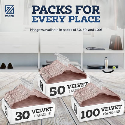 ZOBER Blush Velvet Hangers 50 Pack - Clothes Hangers, Coat Hanger for Pants & Dress Clothes - Non Slip w/ 360 Degree Swivel, Holds up to 10 lbs - Strong Felt Hanger for Clothing