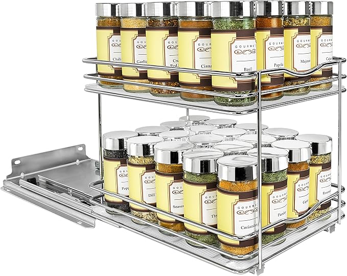 LYNK PROFESSIONAL® Pull Out Spice Organization for Cabinets - 8-3/8 inch Wide – Spice Rack for Inside Cabinets, Slide Out Spice Rack Organizer for cabinet – Pull Out Spice Rack, Sliding 2 Tier Chrome