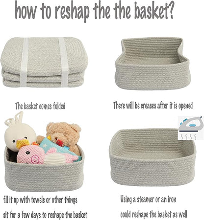 XUANGUO Small Woven Storage Baskets 13“X9”X5“ Decorative Rope Bins for Organizing Shelves, Closets, and Toys, Empty Gift Baskets, Cute Organizer Basket for Home and Office (grey, Large)