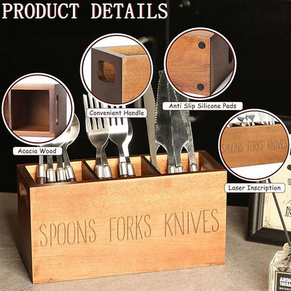 Silverware Holder, Acacia Wooden Small Utensil Caddy for Party , Silverware Organizer for Table Countertop, Wood Fork Spoon Knife Holder (Brown)