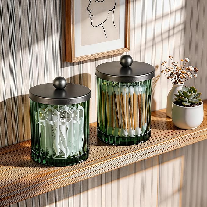Amolliar Sage Green Glass Apothecary Jar With Metal Lid & Stickers, Bathroom Qtip Holder Dispenser for Cotton Swabs, Balls, Round Pads, Bath Salt, Floss, Countertop Canister Storage, Bronze 4 Pack
